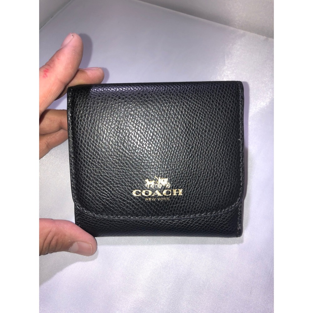 Coach Black Crossgrain Leather Trifold‎ Wallet Gold Horse Carriage Logo